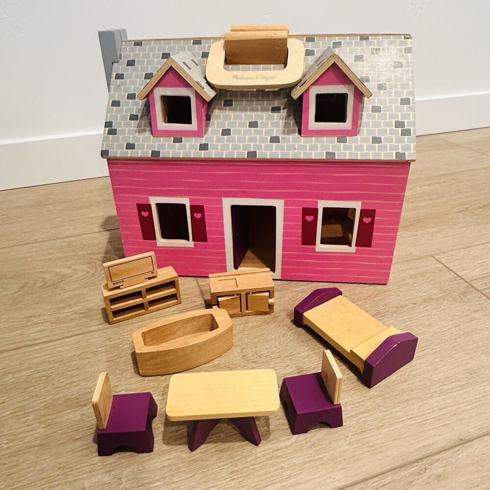 Melissa & Doug Fold Go Wooden Dollhouse Furniture Accessories Pink Wooden 3701
